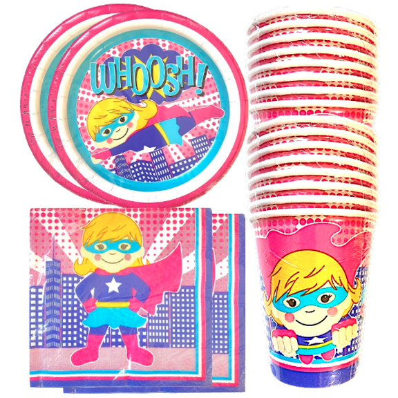 Super Girl Party Tableware Set 48 Pcs Plates, Cups, Napkins - Birthday, Event, Celebration