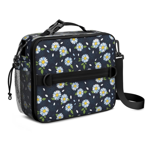 Daisy Pioneer Flower Blue Pattern Insulated Lunch Bag with Shoulder Strap and Bottle Holder,Bento School Lunch Bag Box,11x9.5x3.5 Inches