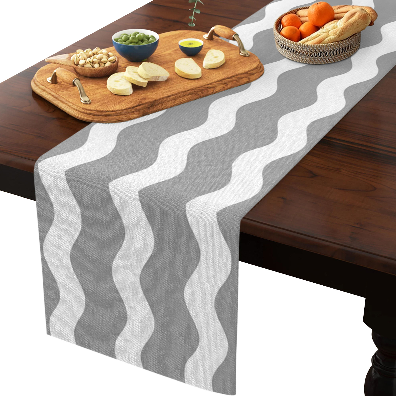 Table Runner Dresser Scarves 70 Inch Long, Grey White Abstract Sea Wave Linen Dining Table Runners Minimalist Geometry Stripe Art Tabletop Scarf for Wedding Holiday Party Kitchen