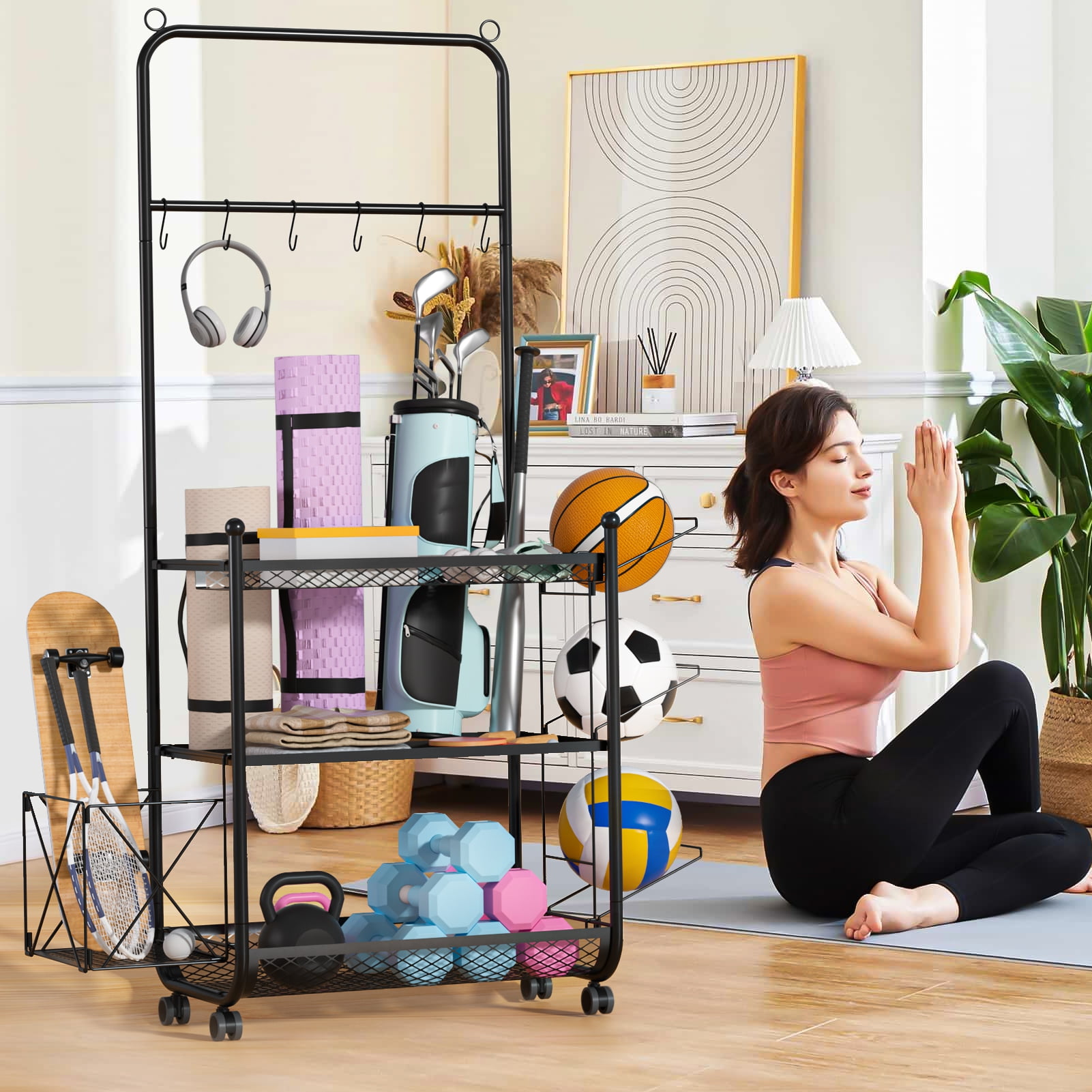 Plenkra Dumbbell Rack, Weight Rack for Home Gym, Yoga Mat Storage with Wheels,Dumbbell Stand with Hooks,Workout Equipment Storage for Yoga Mat Dumbbell and Balls