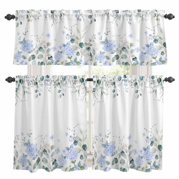 Eucalyptus Flower Kitchen Curtains Sets for Windows 36 Inch Length, Sage Green Leaf Blue Floral Watercolor Rod Pocket Window Treatments Tier Curtains and Valances Set for Bedroom/Bathroom