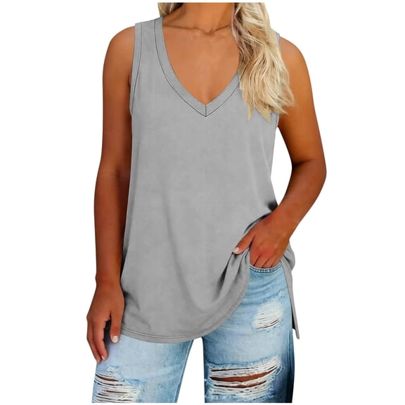 aohooy Womens Tank Tops Summer 2026 Plus Size V Neck Dressy Casual Shirts Loose Flowy Tunic Blouses Gray,XXXL
