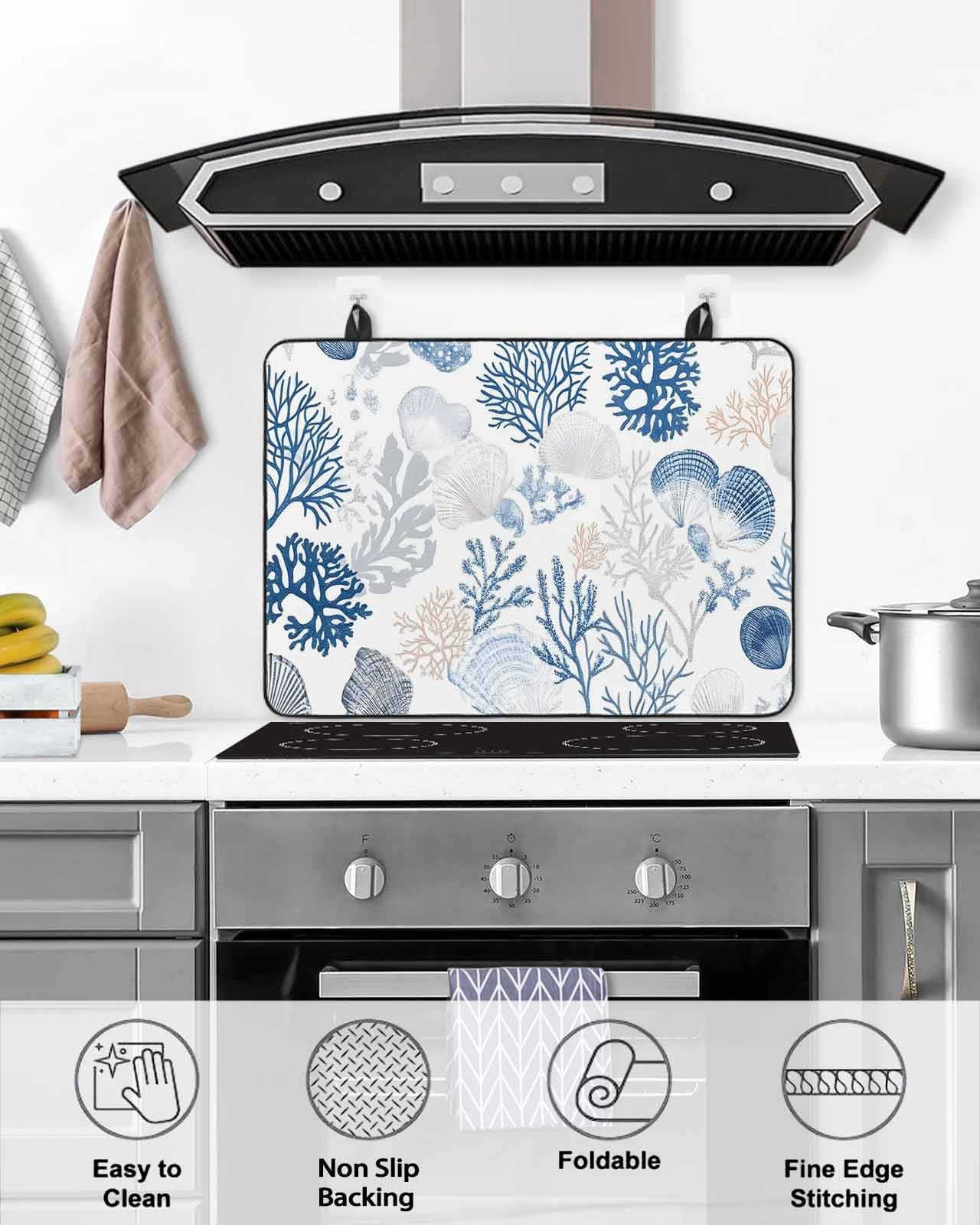 nqOlkjepod Large Induction Cooktop Protector Mat 24"x21", Coastal Blue Coral Stove Top Covers for Electric Stove, Summer Watercolor Ocean Sea Shell Stove Burner Cover Mats, Glass Top Stove Cover