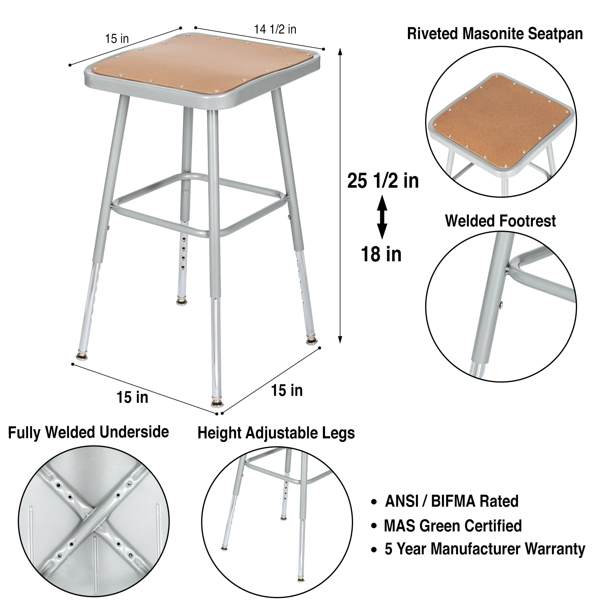 Hampden Furnishings Clint Stools,19"-27" Square Masonite/Steel Science Stool, Grey, 2 Pack
