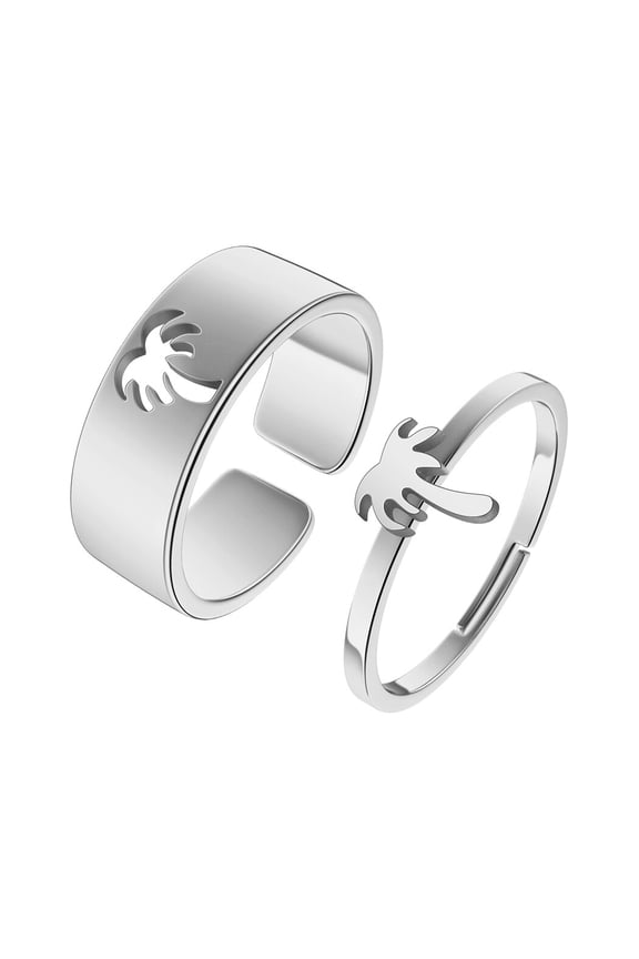 2pcs Beach Palm Tree Couple Set Promise Ring Engagement Wedding Party Matching Adjustable Lover Ring