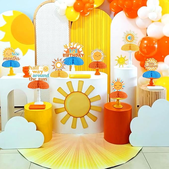 8 Pieces Sun Honeycomb Centerpieces, Half Way Around The Sun Table Toppers Decorations, Boho Sun Themed 6 Months 1/2 Birthday Baby Shower Party Supplies