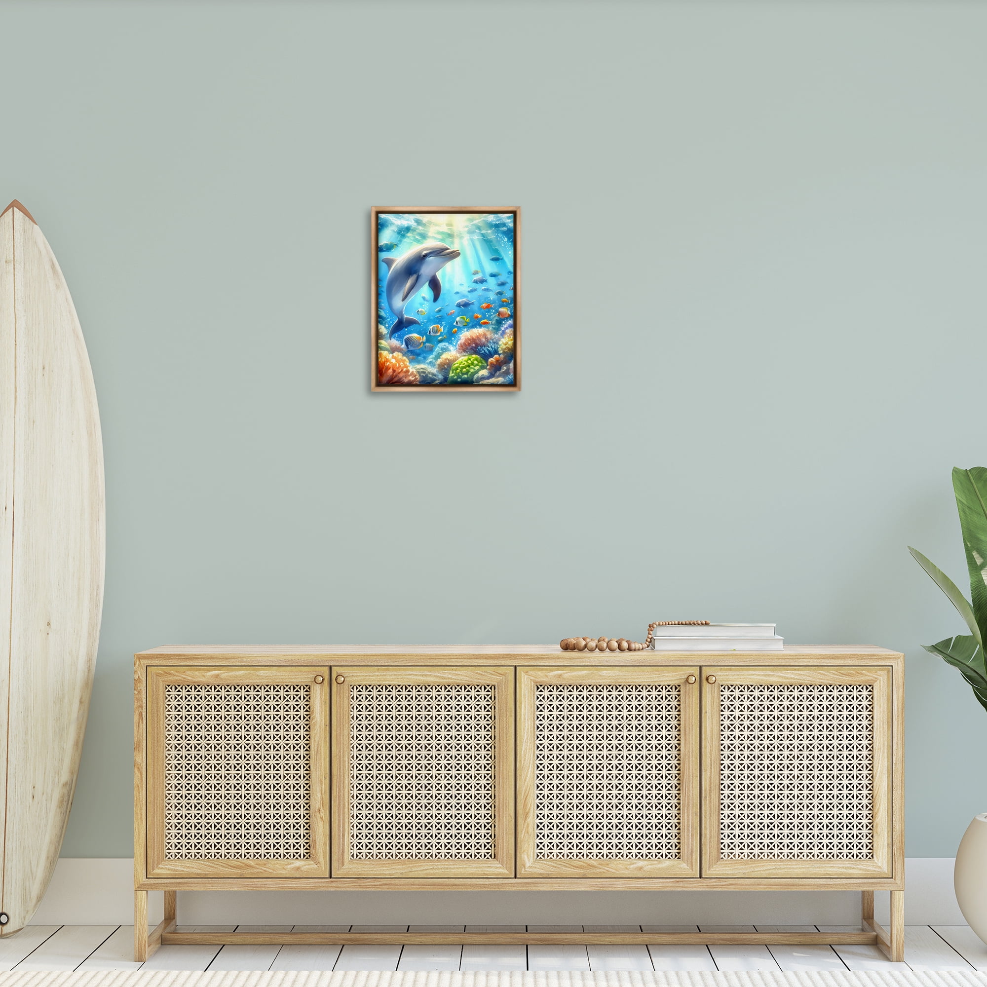 Stupell Industries Smiling Dolphin Under Sea Nautical & Beach Painting Brown Floater Framed Canvas Art Print Wall Art, 17 x 21