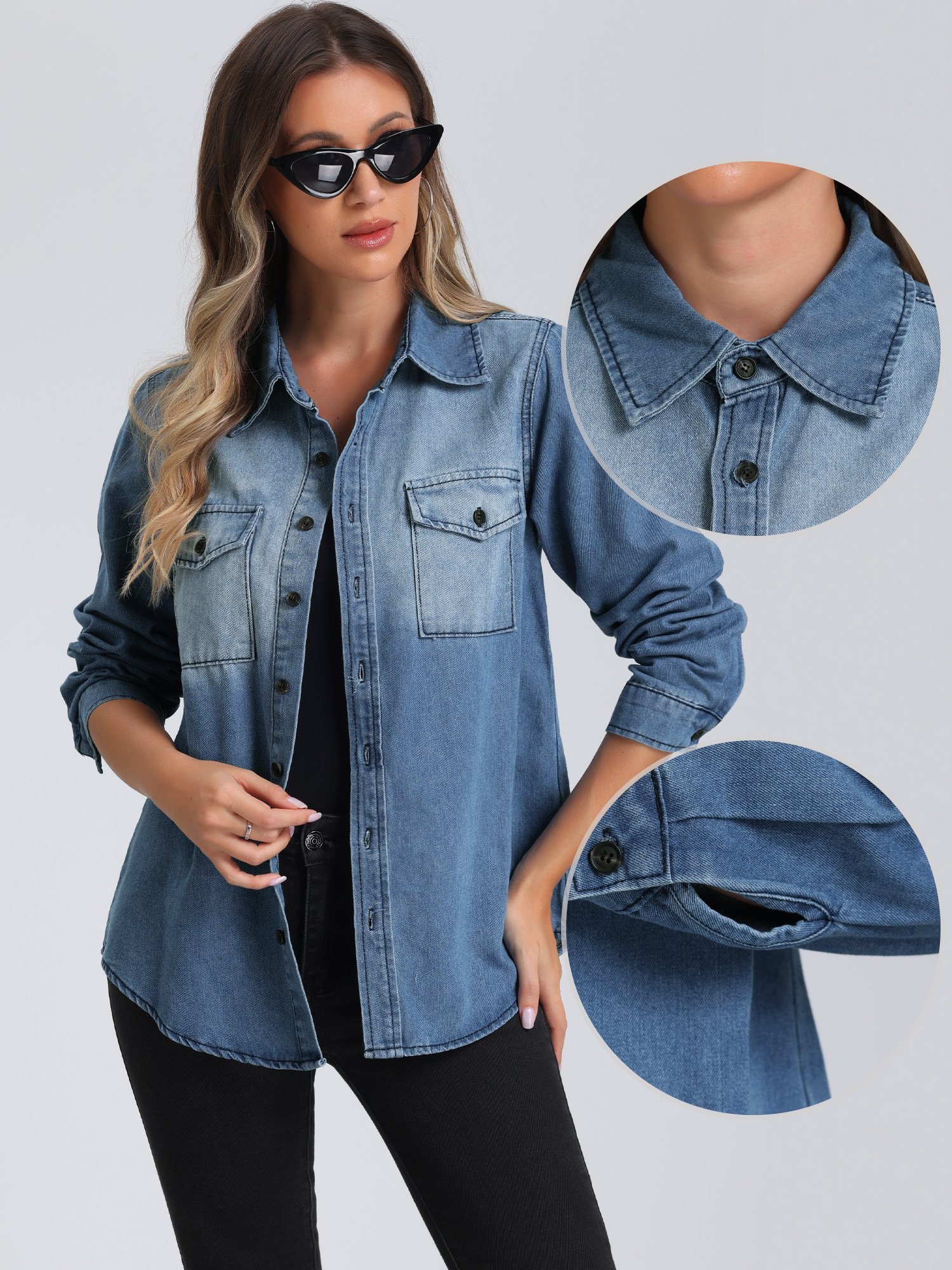 DARING DIVA Women's Trendy Long Sleeve Button Down Washed Denim Jacket XL Light Blue