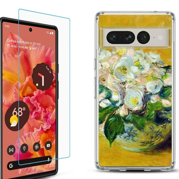 Shockproof Bumper Phone Case for Google Pixel 7, with Tempered Glass Screen Protector, by OneToughShield ® - Roses