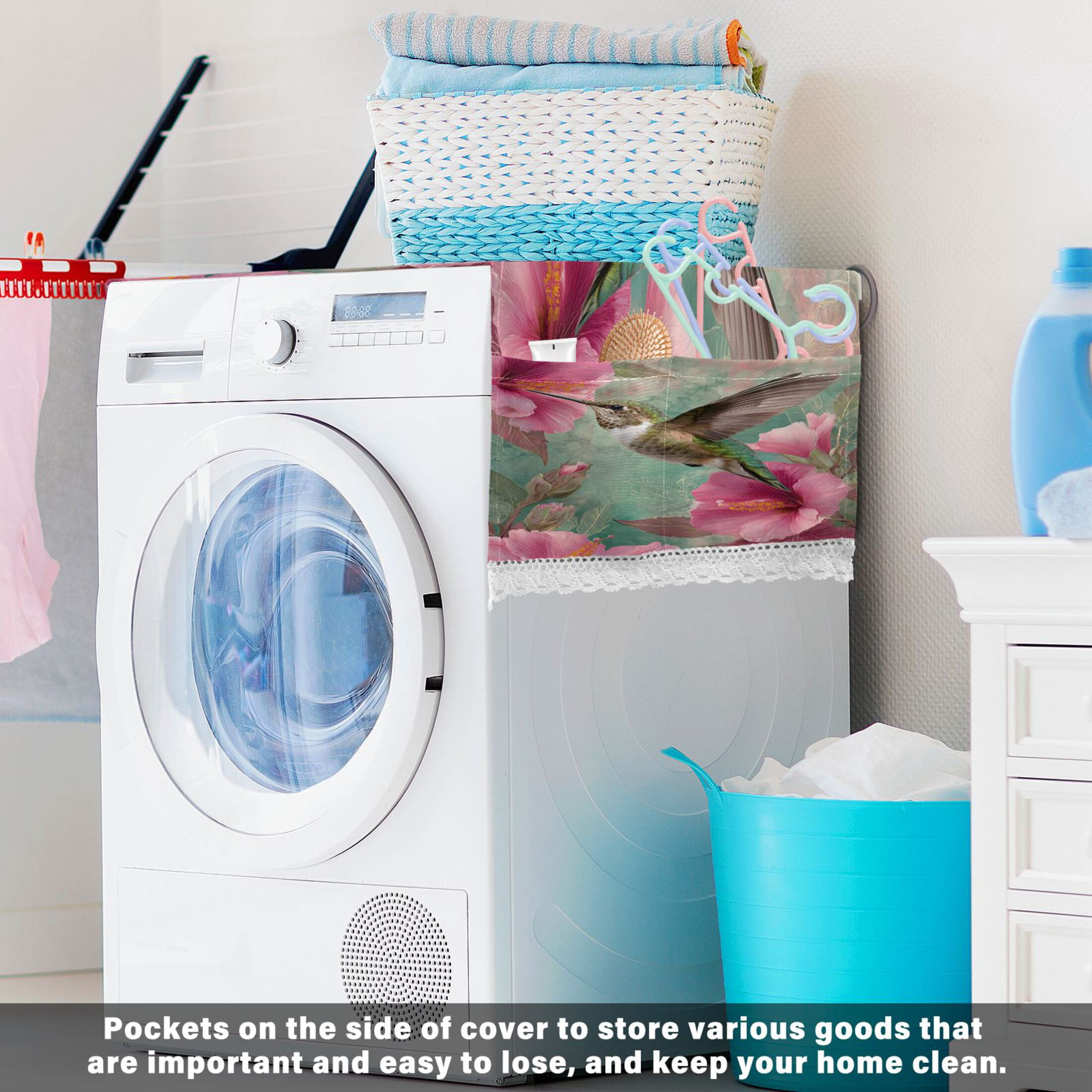 Wobogo Emerald Green Hummingbird Washing Machine Cover Dustproof Washer Dryer Cover Waterproof Laundry Room Decorative Protector