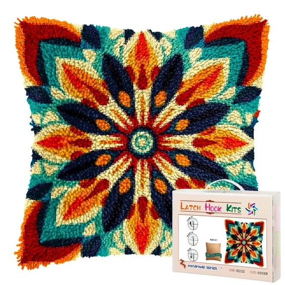Merry Christmas Mandala Pattern DIY Latch Hook Pillow Kits for Adults Printed Pillowcase Crochet Yarns Hooking Handmade Pillow Cover Cushion for Home Sofa Decoration 17x17inch