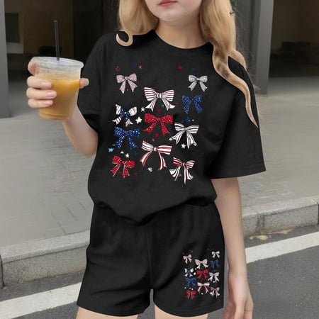 BRGZLK Girls Summer Outfits Summer 2026 Kids Patriotic Bowknot Round Neck Short Sleeve Shirts and Shorts Lightweight Breathable Two-Piece Set Black 13-14 Years