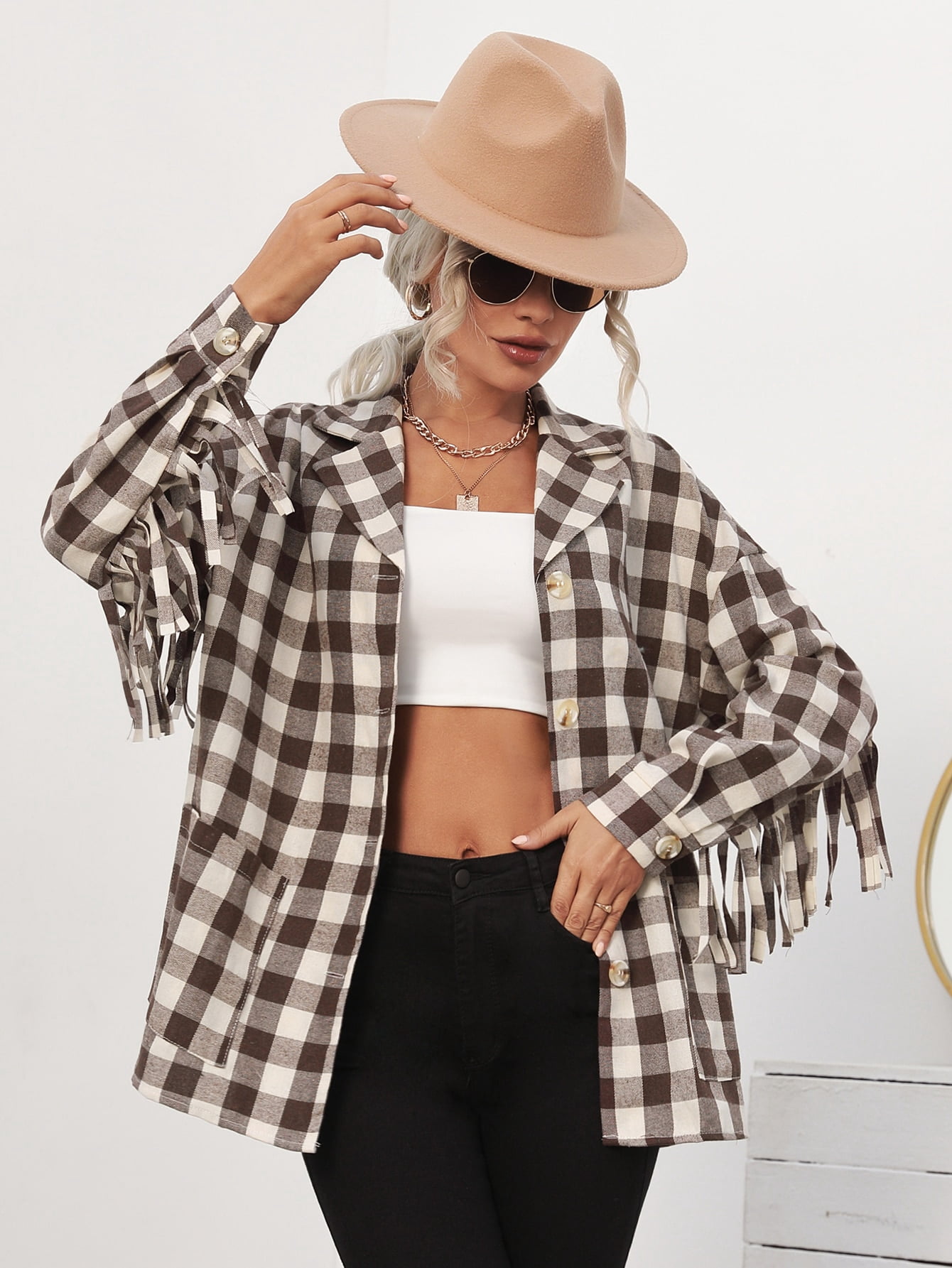 Women's Buffalo Plaid Fringe Trim Dual 