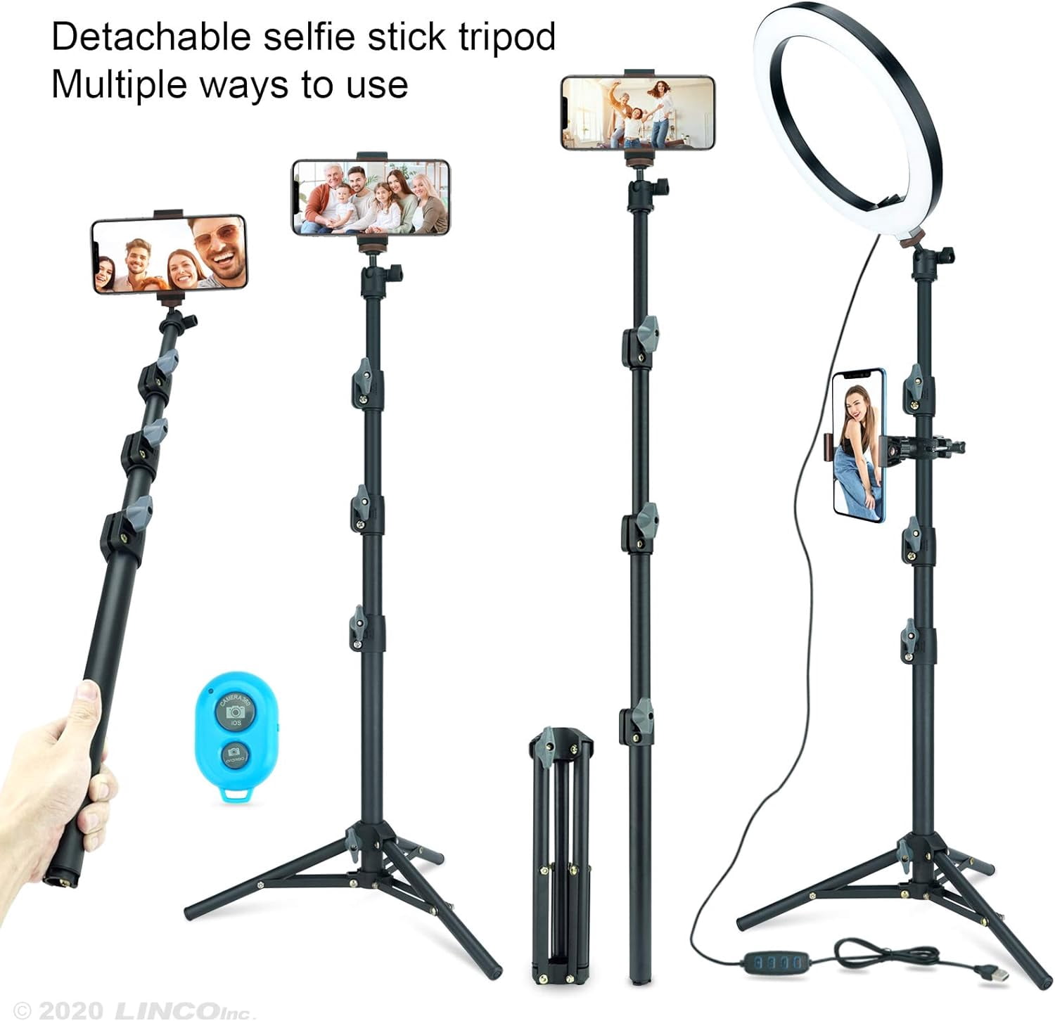 LINCO Dimmable 10in Ring Light Heavy Duty Selfie Stick Tripod Bluetooth Remote 60" for Live Streaming YouTube Video Photography