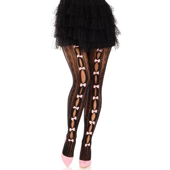 Leg Avenue Women's Sweetheart striped net tights with mini bow detail, Black, One Size