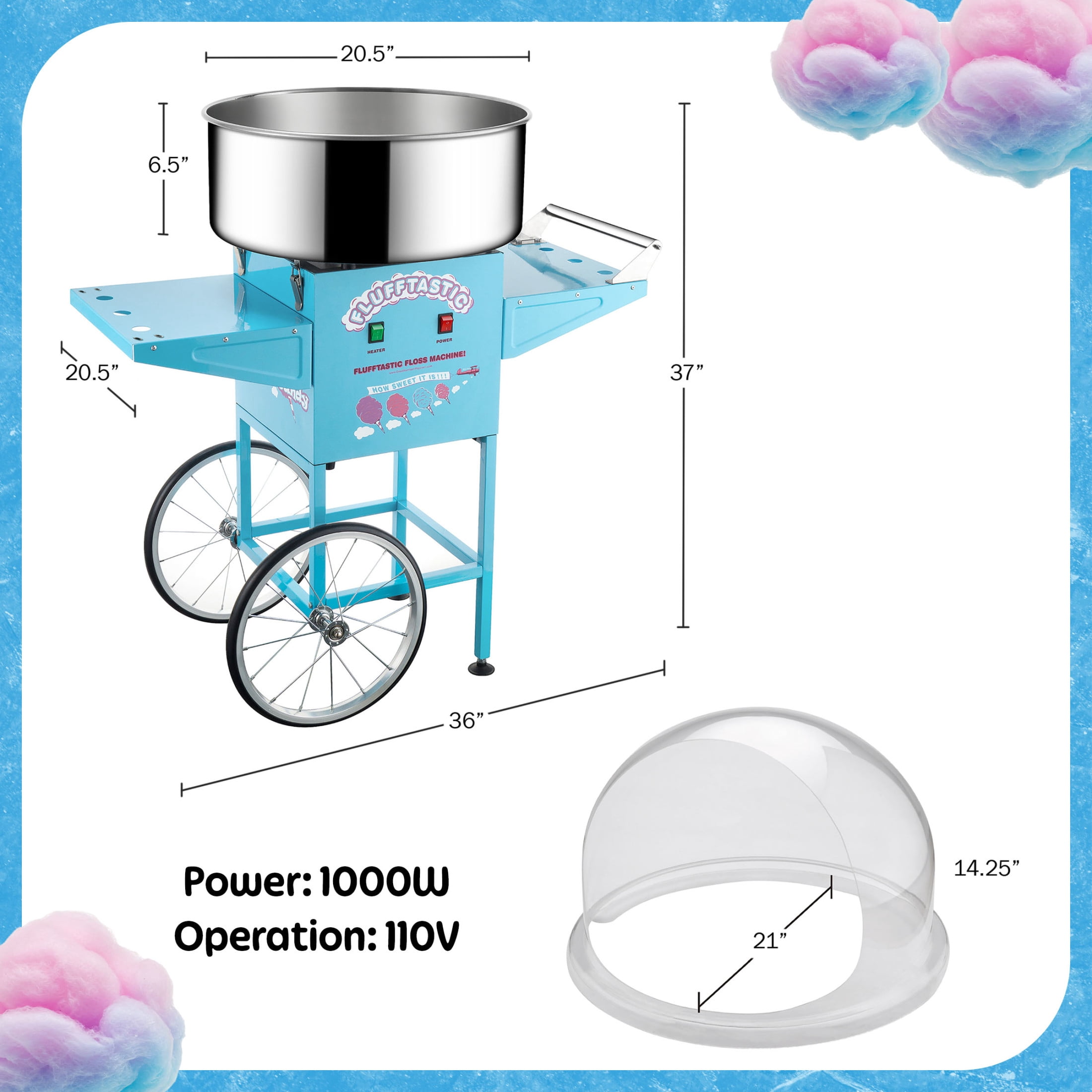 Great Northern Popcorn Flufftastic 1000W Cotton Candy Cart with Dome, Blue