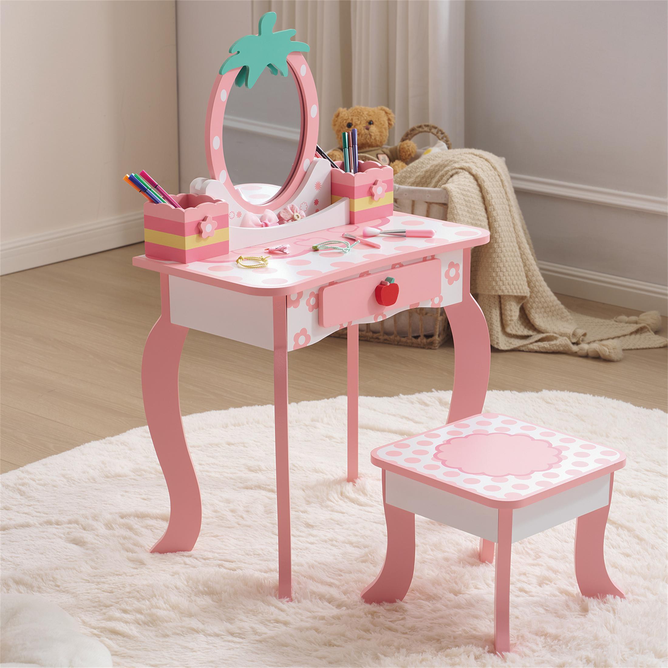 SESSLIFE Kids Vanity Set with Mirror and Drawers, Wooden Princess Makeup Desk Set, Toddler Dressing Table Set, Pretend Play Kids Vanity Table and Chair Set for Little Girls aged 3+, Pink