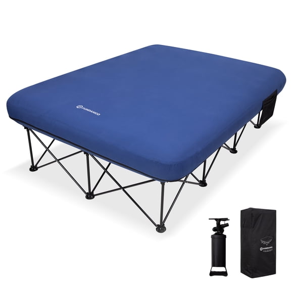 FUNDANGO 2 Person Oversized Folding Camping Cot with Air Matress, Double Outdoor Foldable Bed Cot Support 660lbs, Brushed Microfiber Queen Camping Bed for Adults with Side Table, Navy Blue