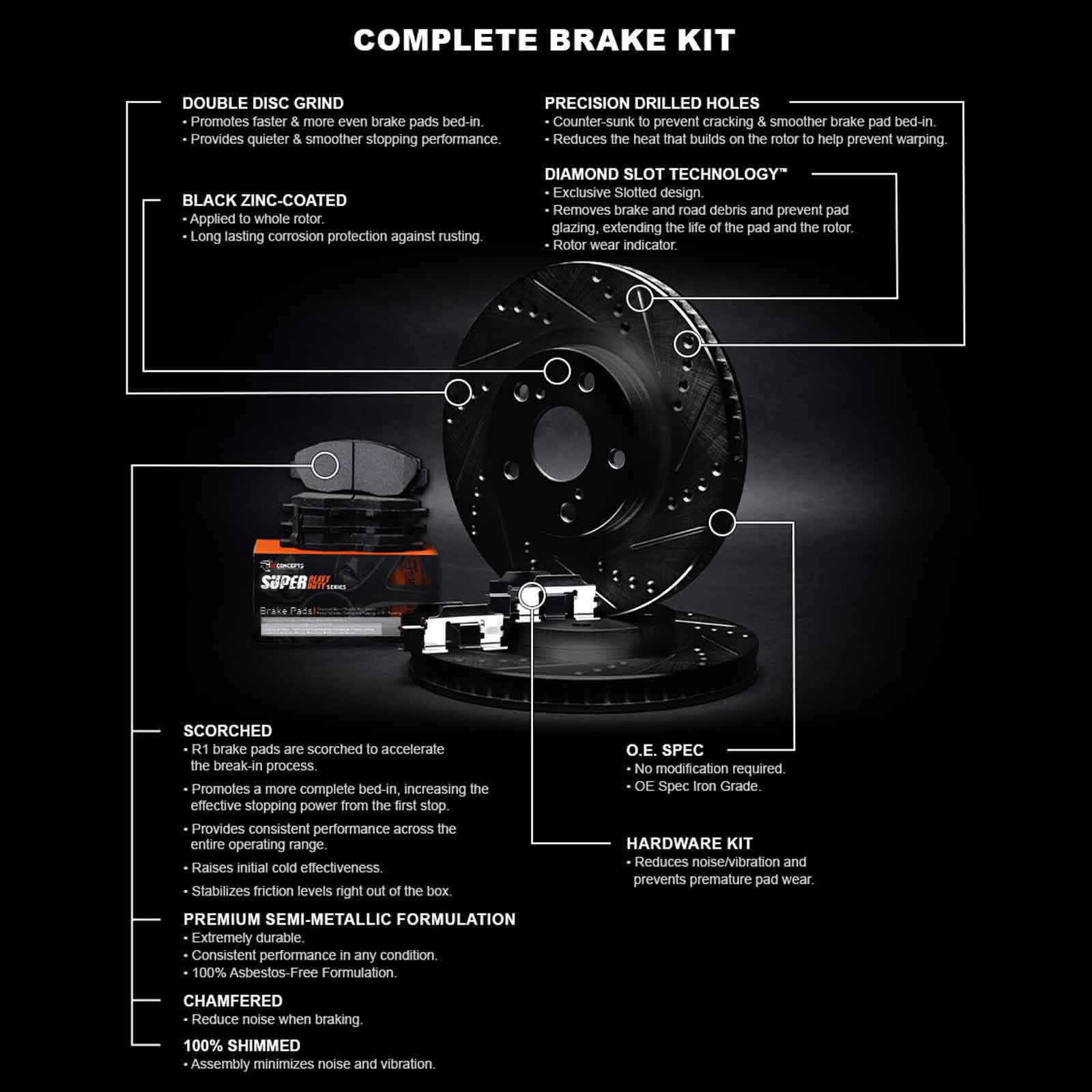 R1 Concepts Front Brakes and Rotors Kit |Front Brake Pads| Brake Rotors and Pads| Super Duty Brake Pads and Rotors| Hardware Kit WHXH1-47011