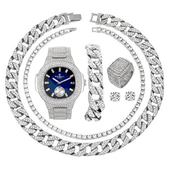 Fully Iced Mens Big Rocks Bezel Color Dial with Baguette , Cuban Chain Bracelet, Cuban Necklace, Tennis Chain & Ring - CRNT (ST10235 VO SLV BLUE, 12)