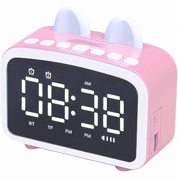 wonima02 Bluetooth Alarm Clock with Radio FM, Digital Clocks with Bluetooth Speaker, LED Display, Bedside Alarm Clock, USB Port, Night Light, TF Card Music Player, Friends/Children's Gift (Pink)