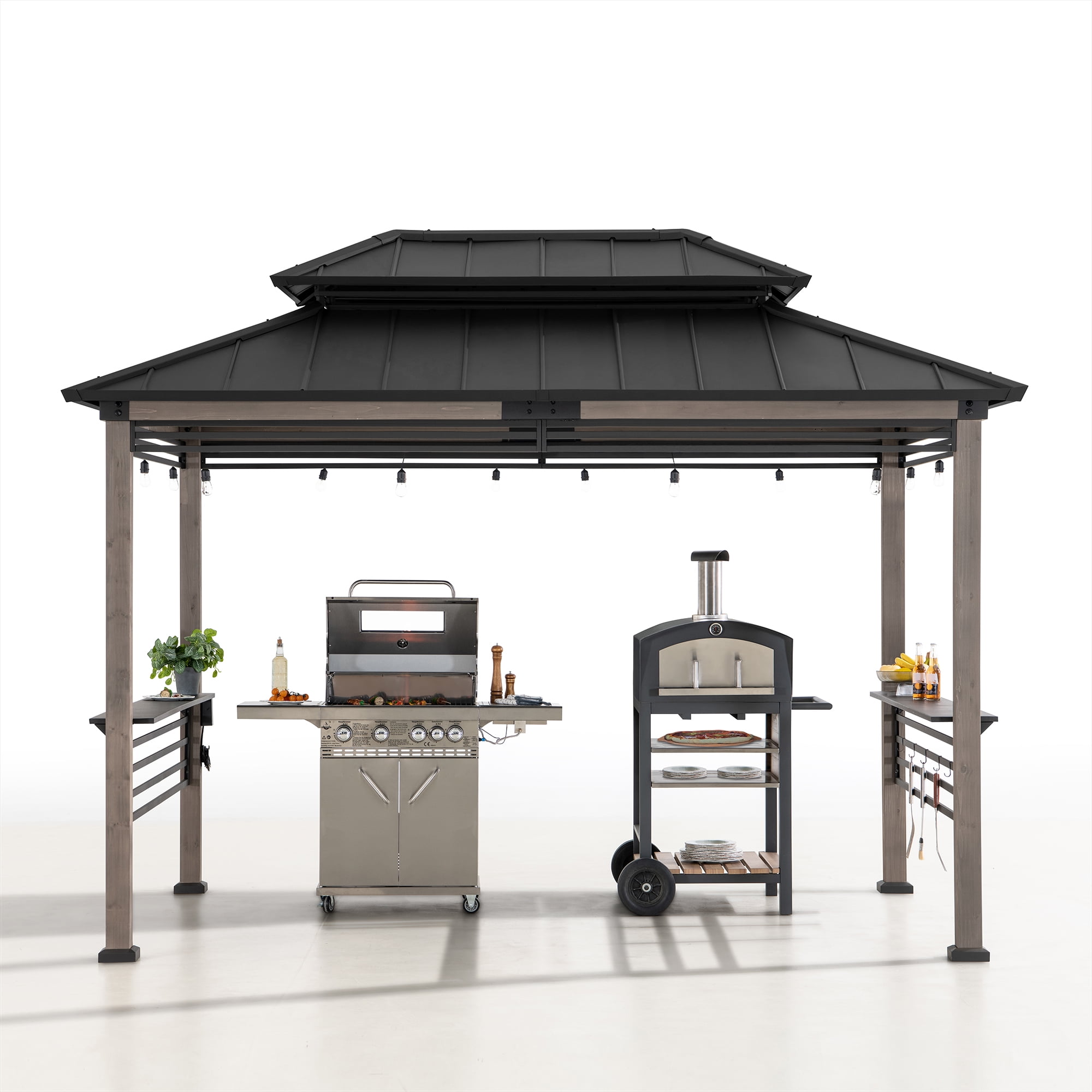 Sunjoy 8ft. x 12 ft. Wooden Cedar Framed Grill Gazebo with exclusive AC Power Port - Black