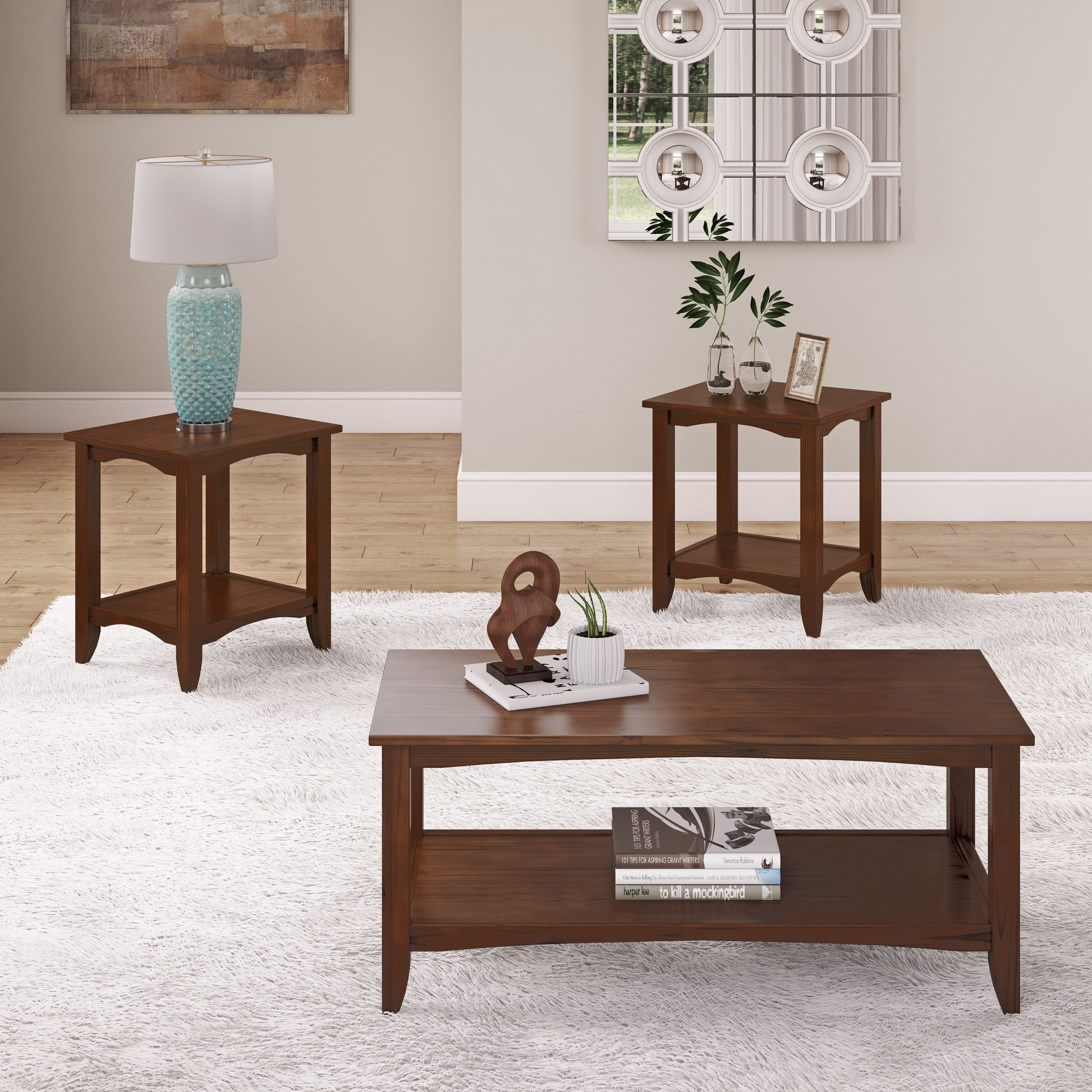 CorLiving Cambridge 3pc Solid Wood Two-Tiered Coffee Table and End