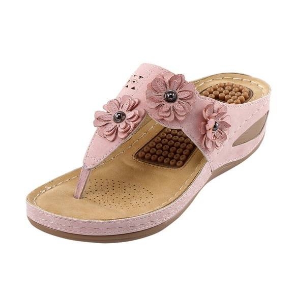 ZTTD Womens Wedge Flip Flops Sandals With Arch Support Summer Comfortable Platform Bohemia Flat Shoes Massage Function Casual Thong Sandal Pink