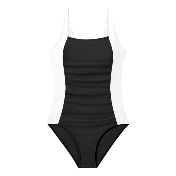 Girls Swimsuit Summer Color Block Print Sleeveless One Piece Bathing Suit for Big Kids and Teens Beach Pool Party Black 11 Years-12 Years