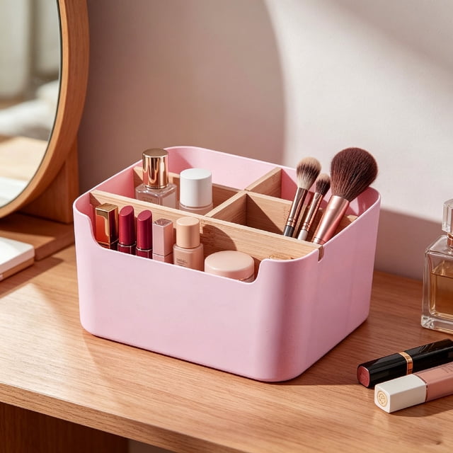 Caja de almacenamiento de escritorio con 5 compartimentos divididos, organizador de plástico impermeable para cosméticos, controles remotos, papelería y accesorios pequeños, 18.2x14.8x9.7 cm