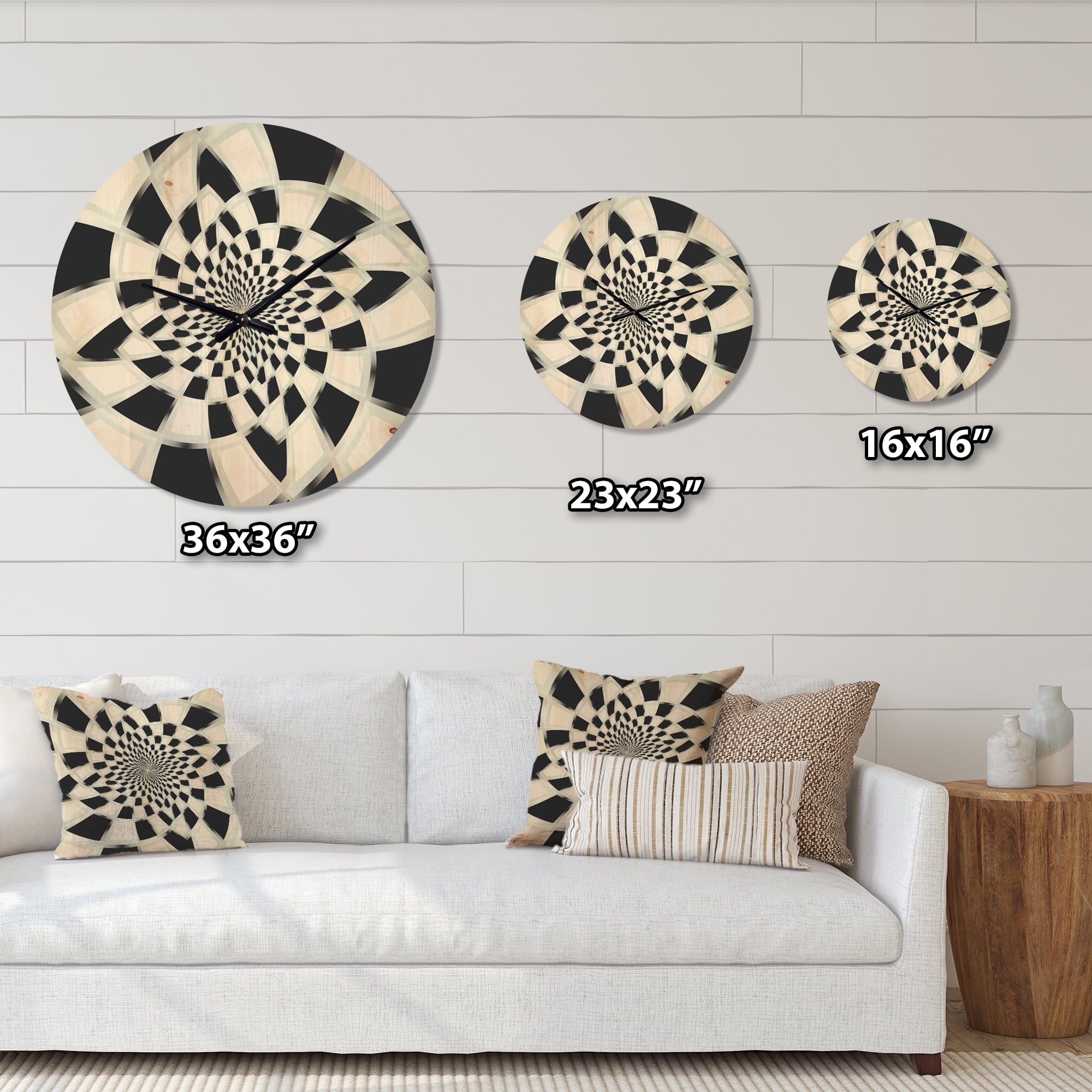 Designart 'Abstract Monochrome Spiral Fractal Design ' Modern Wood Wall Clock