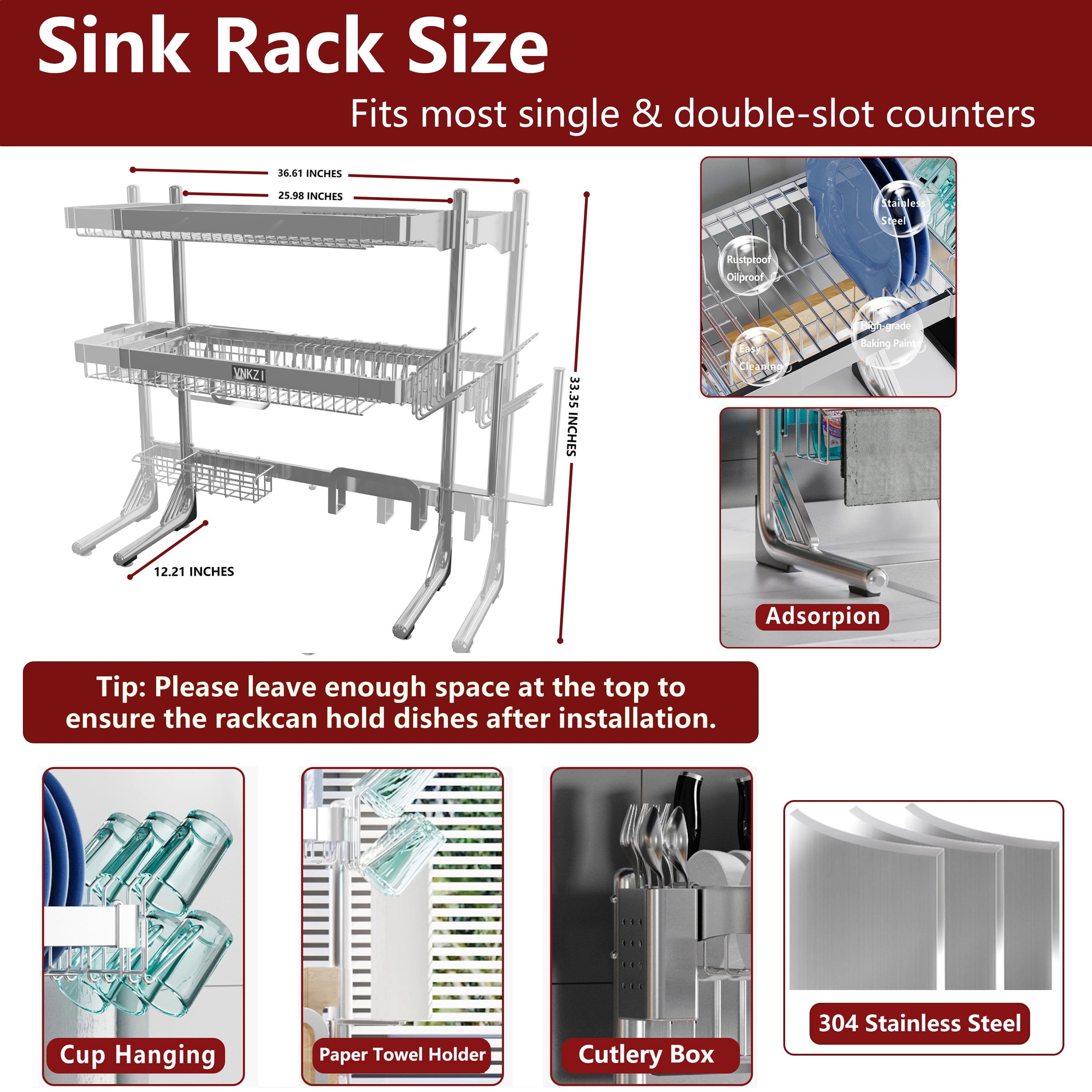 VNKZI Over Sink Dish Drying Rack, 3 Tier Full Stainless Steel Storage Adjustable Length (25.98'' to 36.61'') Kitchen Rack, Multifunctional Expandable Counter Organizer, Space Saver Dish Rack