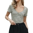 thumbnail image 4 of INSPIRE CHIC Stripe Bodysuits for Women's Sweetheart Neck Short Sleeve Ruched Body Suit Tops XS Black, 4 of 6