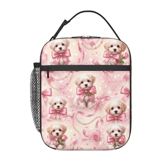 Dog Lunch Bag For Women Men,Pink Bow Dog Insulated Reusable Lunch Box, Thermal Lunch Tote For Office Work Travel, Cooler Bag