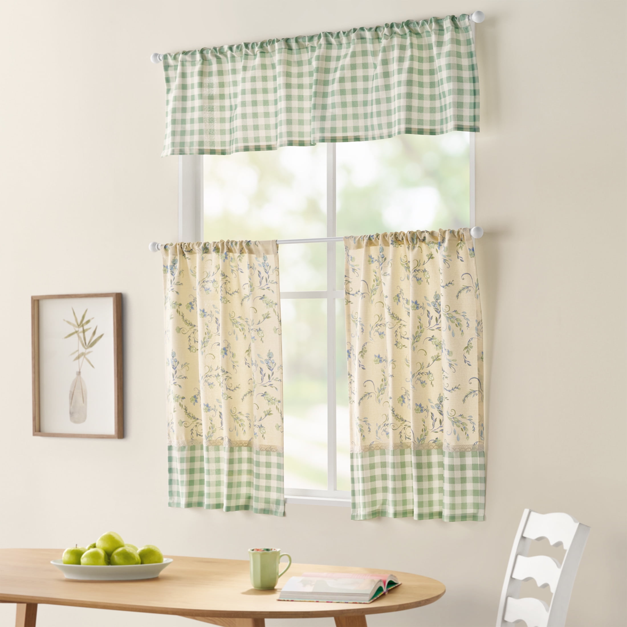 The Pioneer Woman Sweet Sprigs 3 Piece Tier Set, Sage, Recycled Polyester BCI Cotton, 60"W x 14"L, Indoor Curtain, Adult