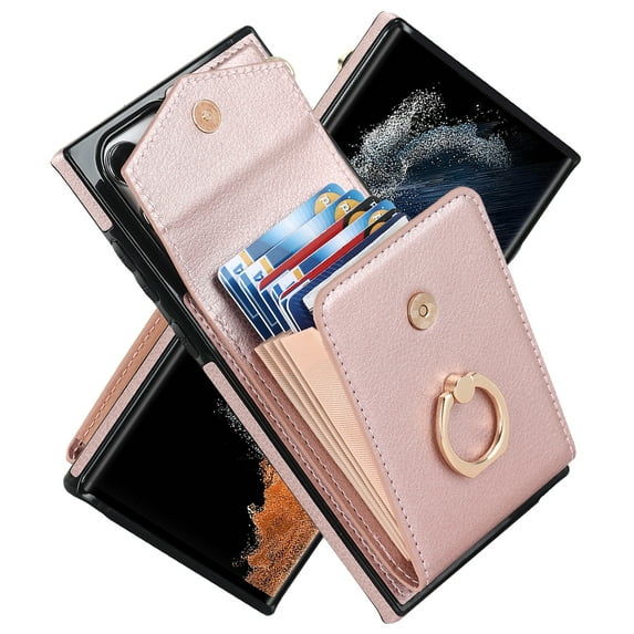 Feishell for Samsung Galaxy S22 Ultra Wallet Case with RFID Blocking Card Slots Case, PU Leather Finger Ring Holder Kickstand Wrist Strap Handbag Magnetic Shockproof Protective Cover,Rosegold