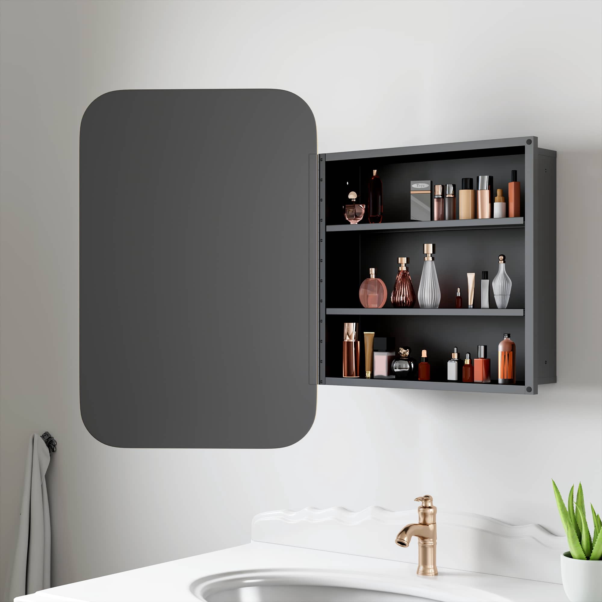 MAYEERTY 24"x16" Iron Rectangular Bathroom Mirror Cabinet, Gold
