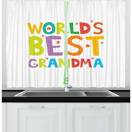 Grandma Curtains 2 Panels Set, Cartoon Style Lettering Worlds Best Grandma Quote with Stars Colorful Illustration, Window Drapes for Living Room Bedroom, 55W X 39L Inches, Multicolor, by