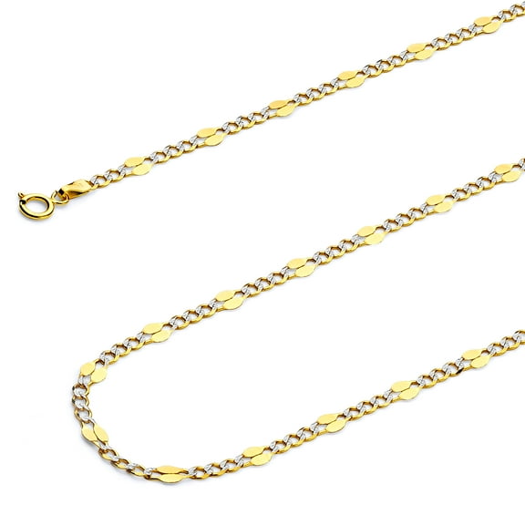 Wellingsale 14k Two Tone Yellow and White Gold Polished Solid 3.7mm Stamped Figaro White Pave Diamond Cut Chain Necklace with Spring Ring Clasp - 24"