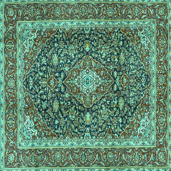 Ahgly Company Machine Washable Indoor Square Medallion Turquoise Blue Traditional Area Rugs, 4' Square