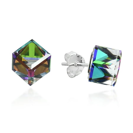 Cube Sterling Silver Earrings - Rainbow Crystal Prism Cube .925 Sterling Silver Stud Earrings