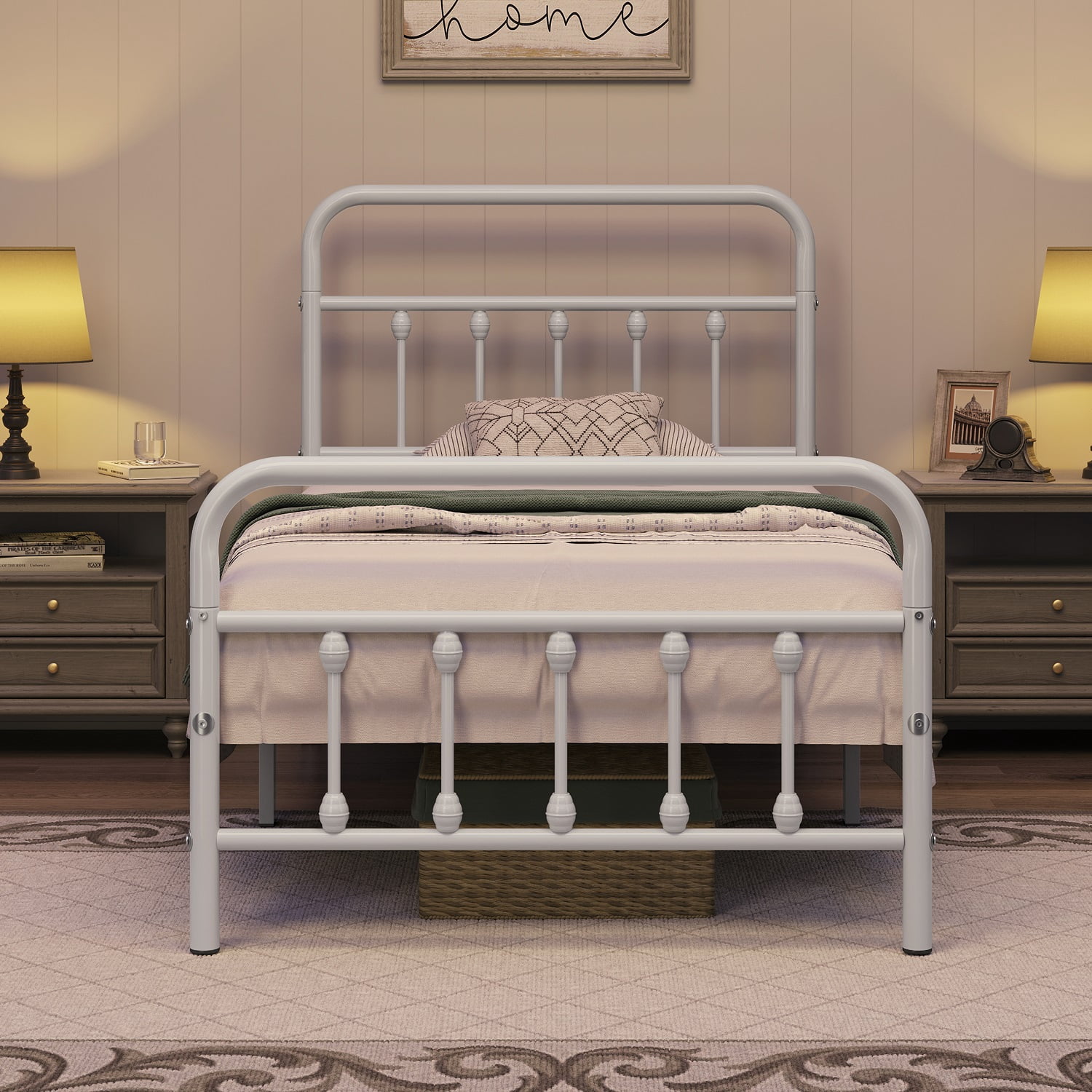 Alden Design Twin Size Classic Iron Platform Bed with High Headboard and Footboard, White