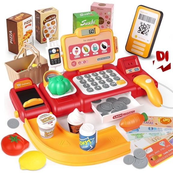 Flooyes Pretend Play Supermarket Cash Register Toy Kit, 36PCS Play Food and Cashier, Birthday Gifts Toys for Kids Boys Girls  3 4 5 6 7 8
