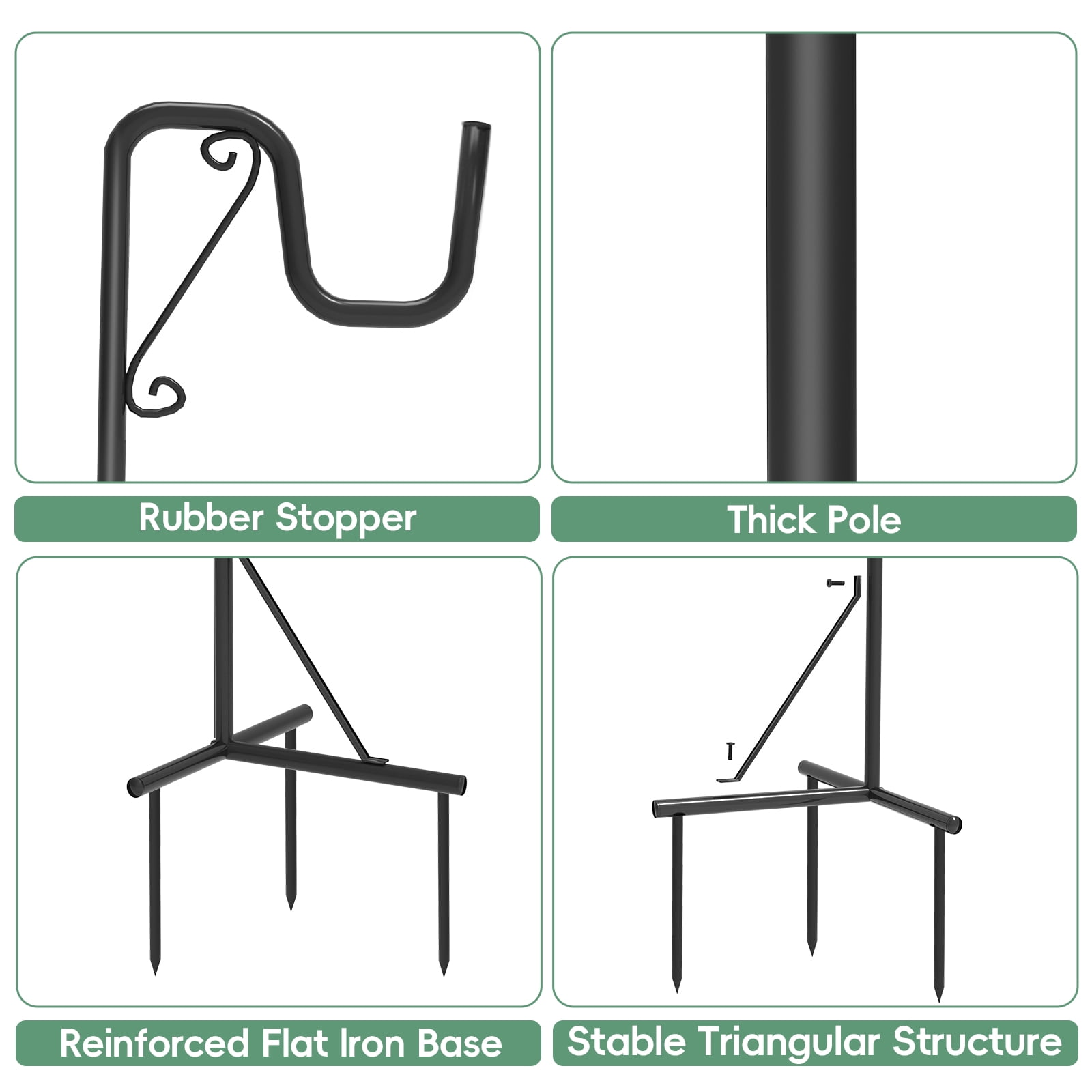 Shepherd Hook for Outdoor – Adjustable Height 44"-92" Heavy Duty Metal Pole, 3-Prong Ground Stake, Rust-Proof, for Hanging Bird Feeders, Plants, Solar Lights, Lanterns
