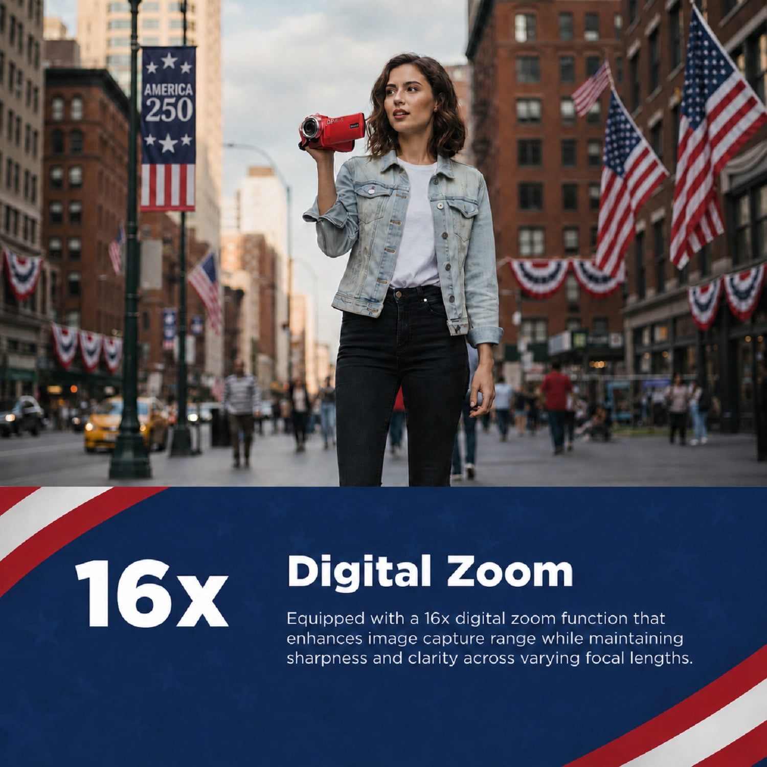 Vivitar PopCam America 250 Digital Camcorder – USA Celebration Edition, Old Glory Red, 48MP, Full HD 1080P Video, 3" Flip Screen, 16X Digital Zoom Camcorder with Built-in Mic for Vlogging & Travel
