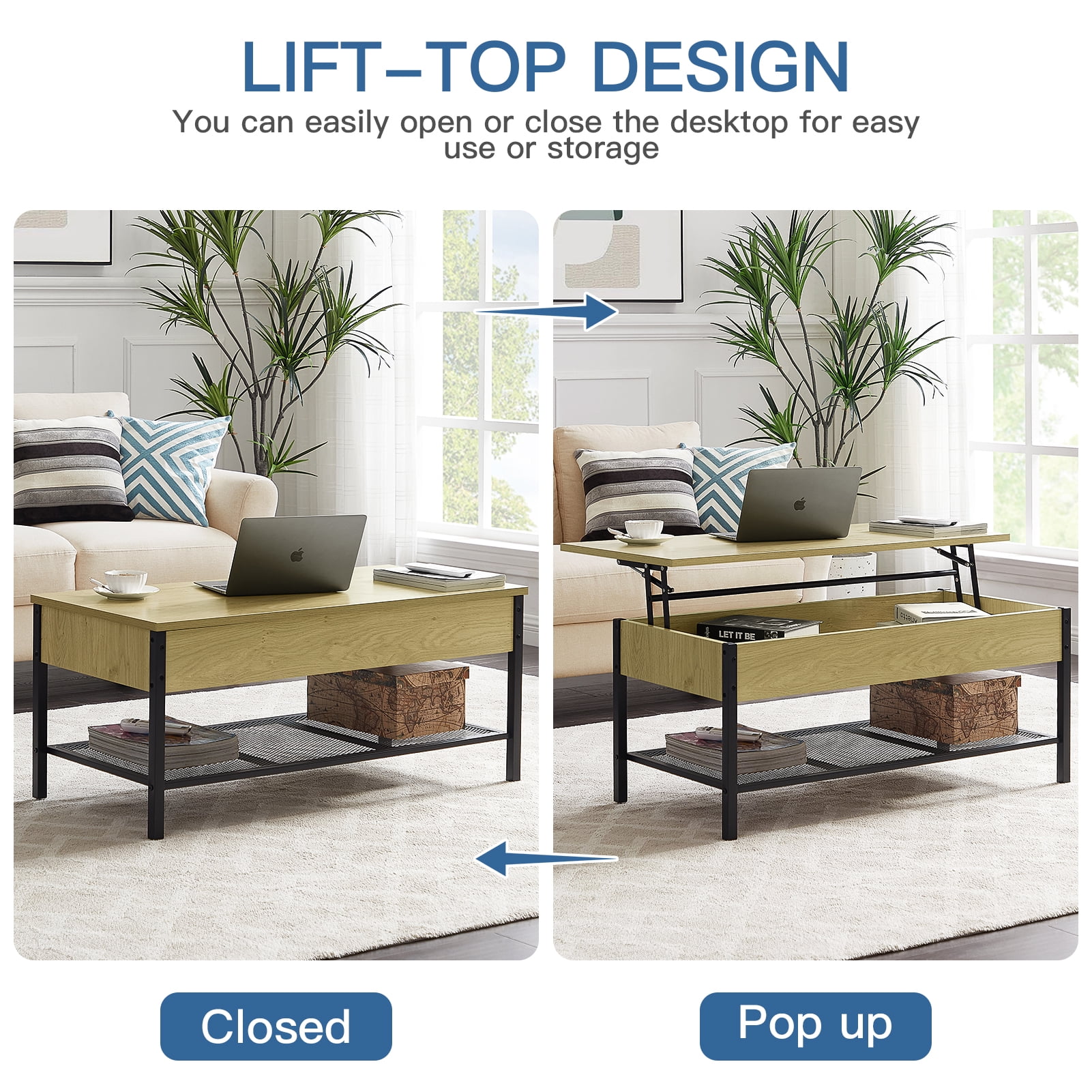 Kepooman Home Office Wood Lift Tabletop with Storage Shelf & Hidden Compartment, Metal Frame, Wood Color Kepooman Home Office Wood Lift Tabletop with Storage Shelf & Hidden Compartment, Metal Frame, Wood Color