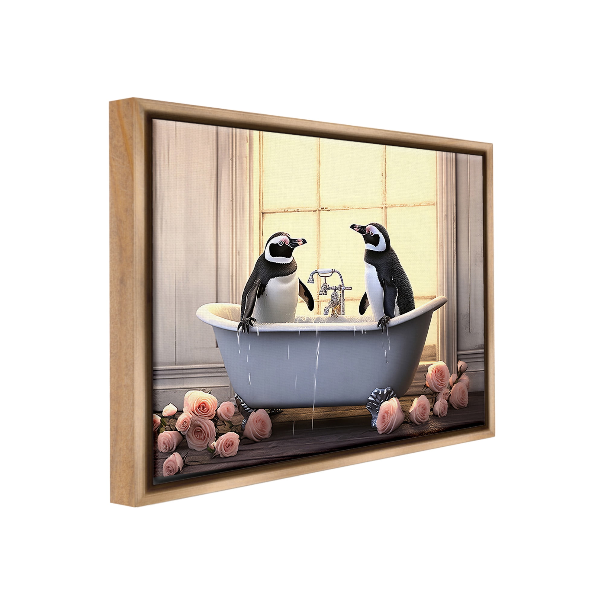 Stupell Industries Penguins Bathing in Tub Animals & Insects Painting Brown Floater Framed Canvas Art Print Wall Art, 21 x 17
