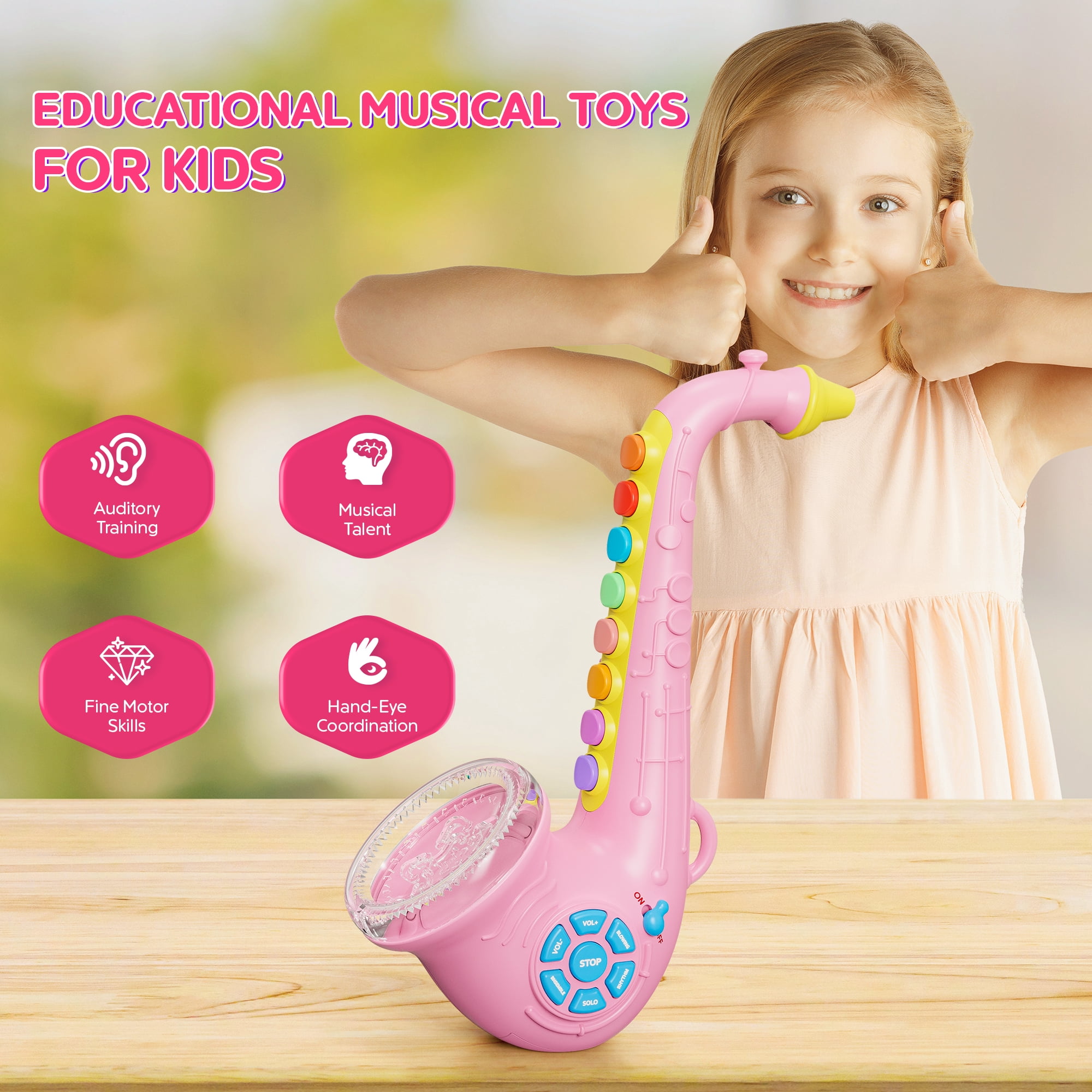 Contixo KT1 Toy Saxophone with Lights and Sound, Early Education Musical Instruments for Kids, Pink
