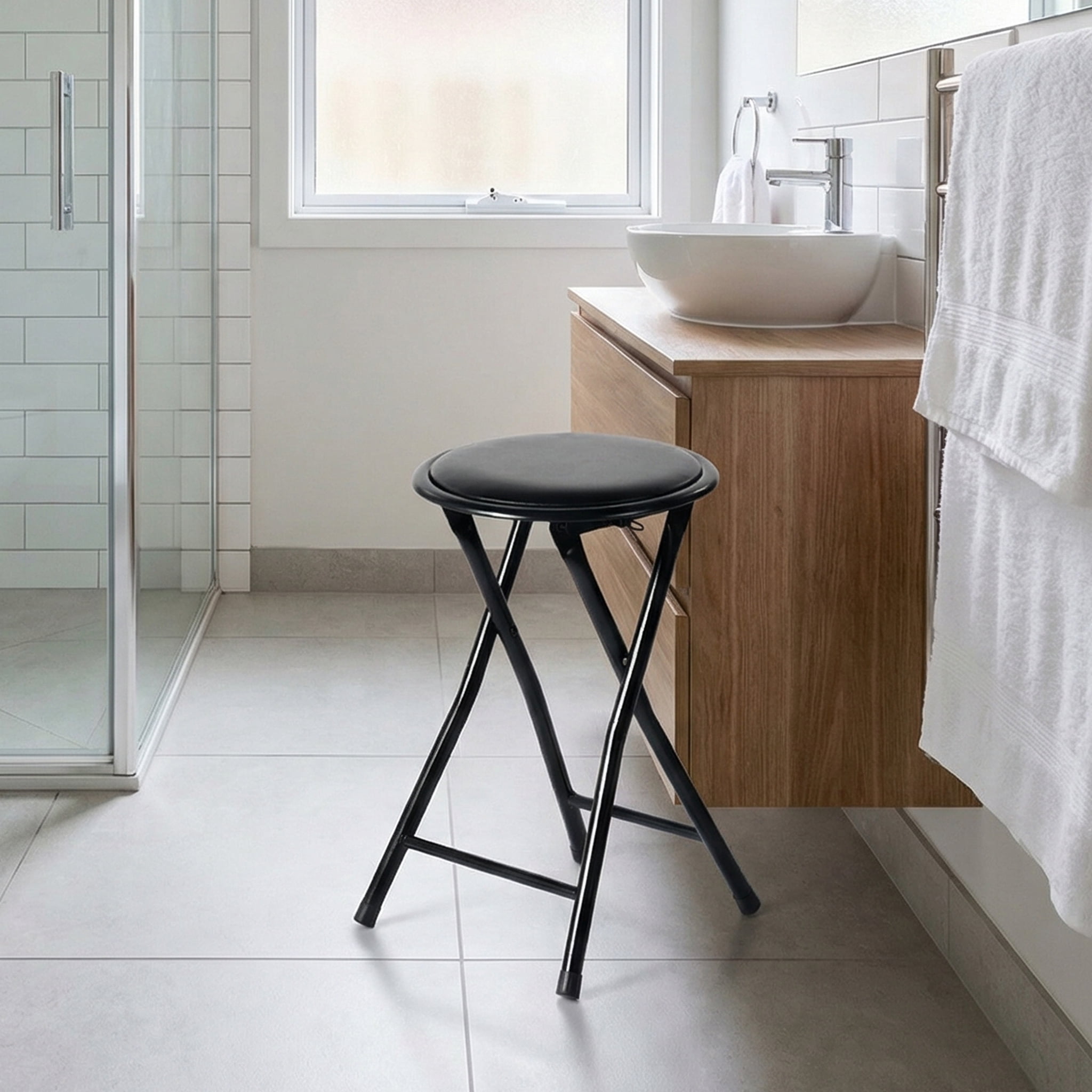 Homy Casa Folding Stool with Round Seat, Black Metal Frame, Portable Space-Saving Design