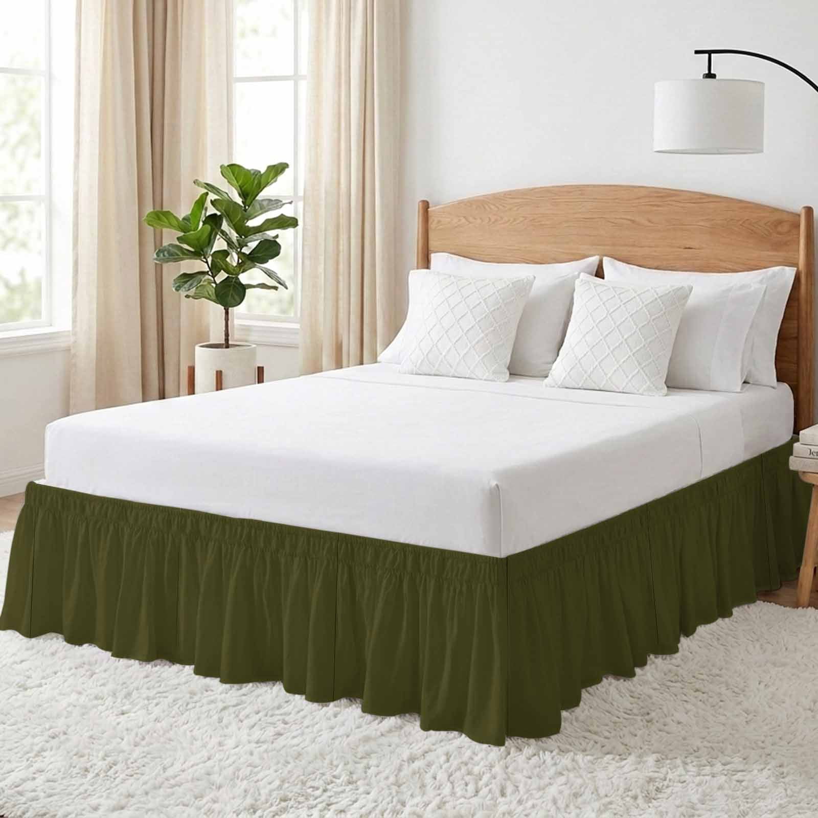Bed Skirt Olive Green Adjustable Elastic Wrap-Around Dust Ruffle with Solid Color 16 Inch Drop, Bed Frame Cover for Queen Size Bed